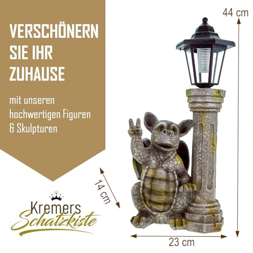 Udo Schmidt Dragon child peace sign with solar lantern Garden figurine Gargoyle sculpture