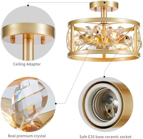 WUZUPS Crystal Leaf Chandelier 3-Light Vintage Farmhouse Industrial Semi-Flush Mount Ceiling Light Modern Lighting Fixture Foyer Hallway Storage Room Kitchen Bathroom, H 22 W 30, Gold