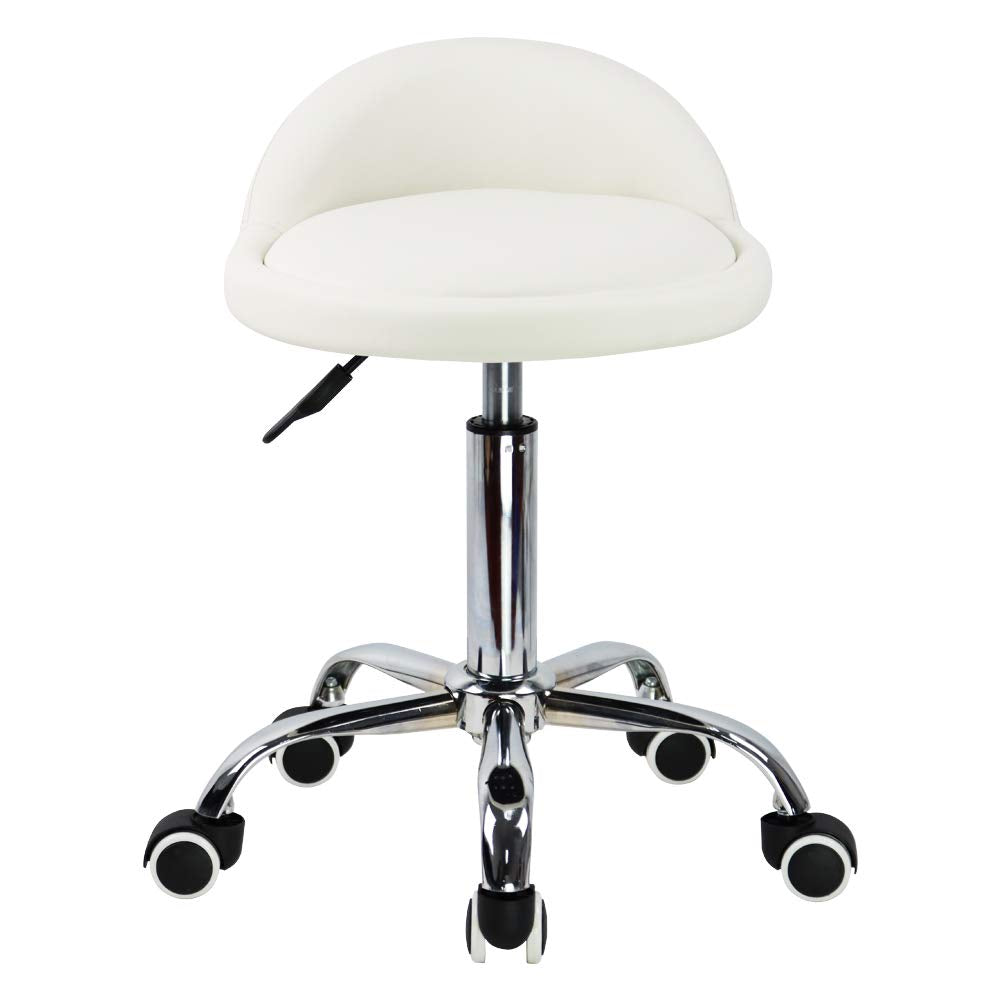 KKTONER PU Leather Round Rolling Stool with Back Rest Height Adjustable Swivel Drafting Work SPA Task Chair with Wheels (White)