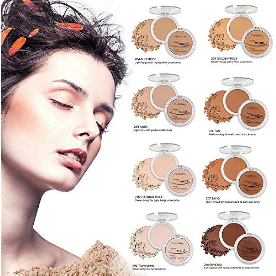 AQUAPURITY PHOERA Sheer Matte Compact Powder Fixing Powder Makeup Base Fixer Setting Powder Foundation Fixing Compact Pressed Powder Long Lasting Skin Vitamin E Beauty Blender (208ESPRESSO)
