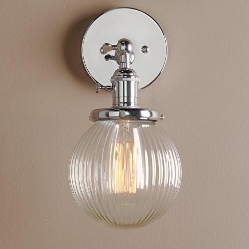 PathsOn 15cm Industrial Modern Vintage Retro Wall Lights, Loft Bar Kitchen Sconce Lights Lamp Fixture with Ribbed Globe Clear Glass Light Shade (Chrome)