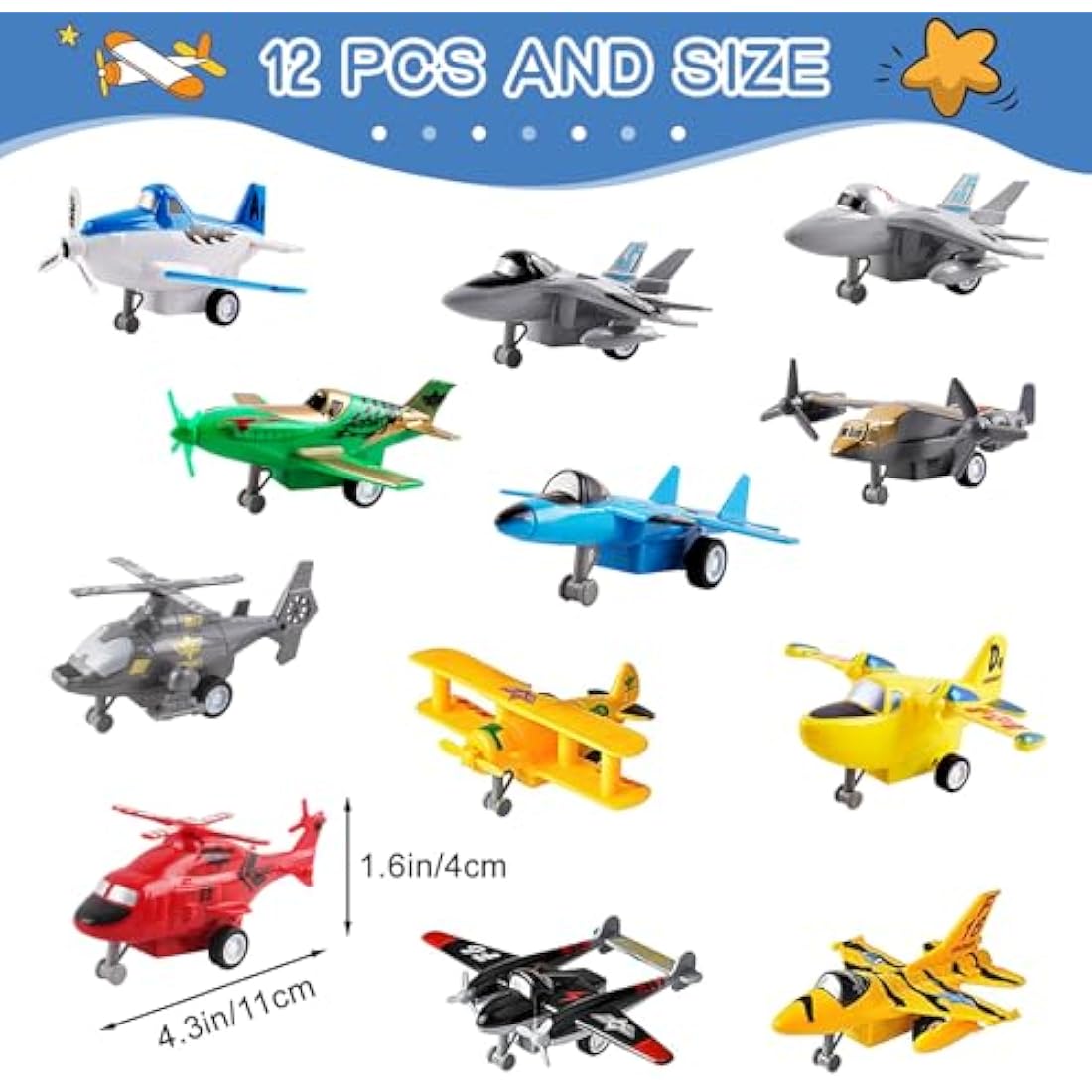 deAO Set of 12 Pull Back Airplanes Vehicle Playset Variety Pack of Helicopters, Stealth Bombers, Fighter Jets, Aircraft, Planes