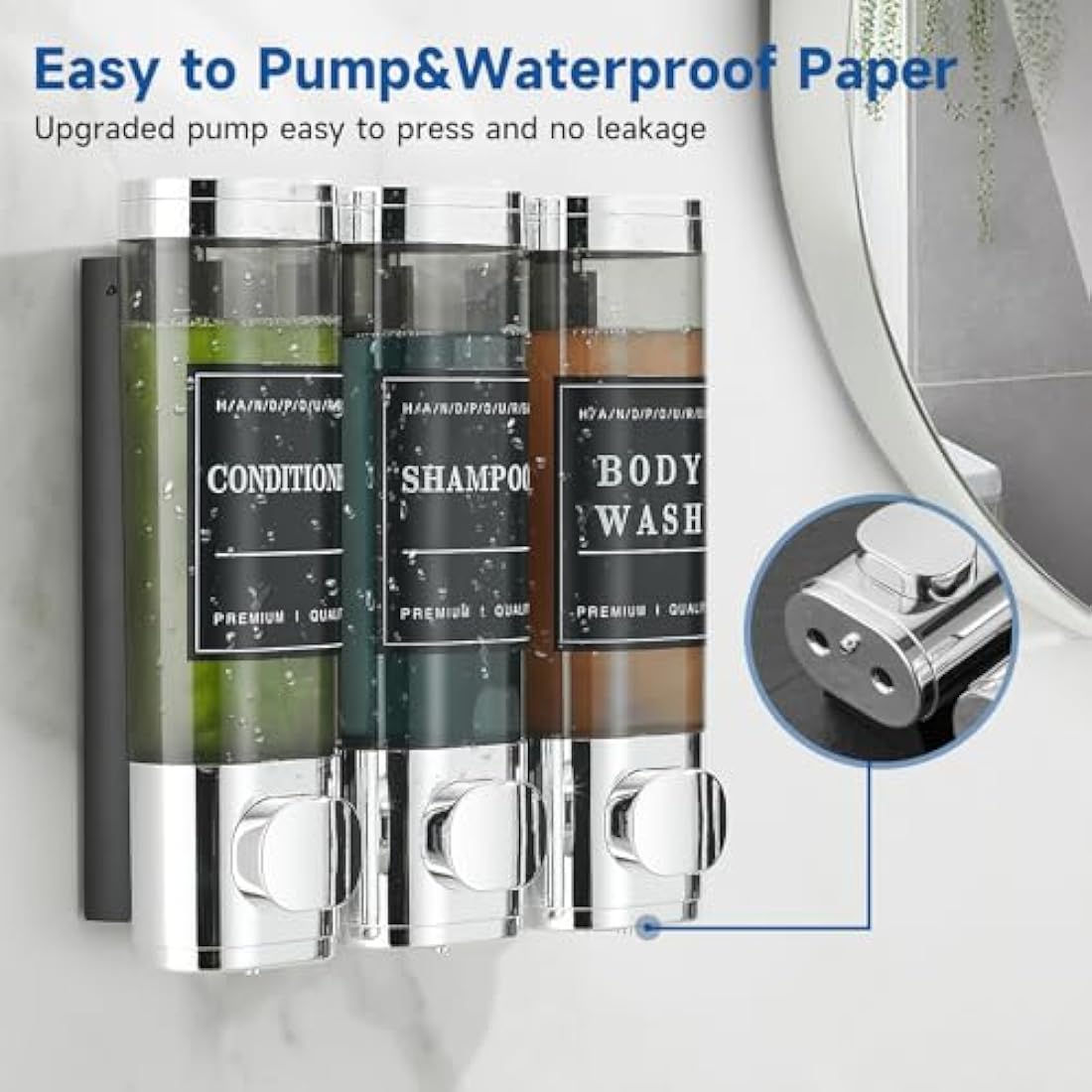 Unisense 3 Chamber Wall-Mounted Shampoo and Conditioner Dispenser for Shower - No Drill, Large Capacity, Chrome