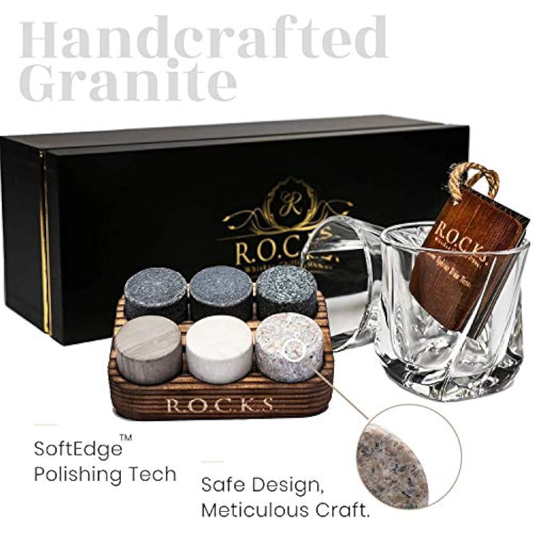 Whiskey Chilling Stones Gift Set - 6 Handcrafted Premium Granite Round Sipping Rocks - 2 Crystal Superior Glasses - Hardwood Presentation & Storage Tray - Elegant Gold Foil Gift Box by R.O.C.K.S.