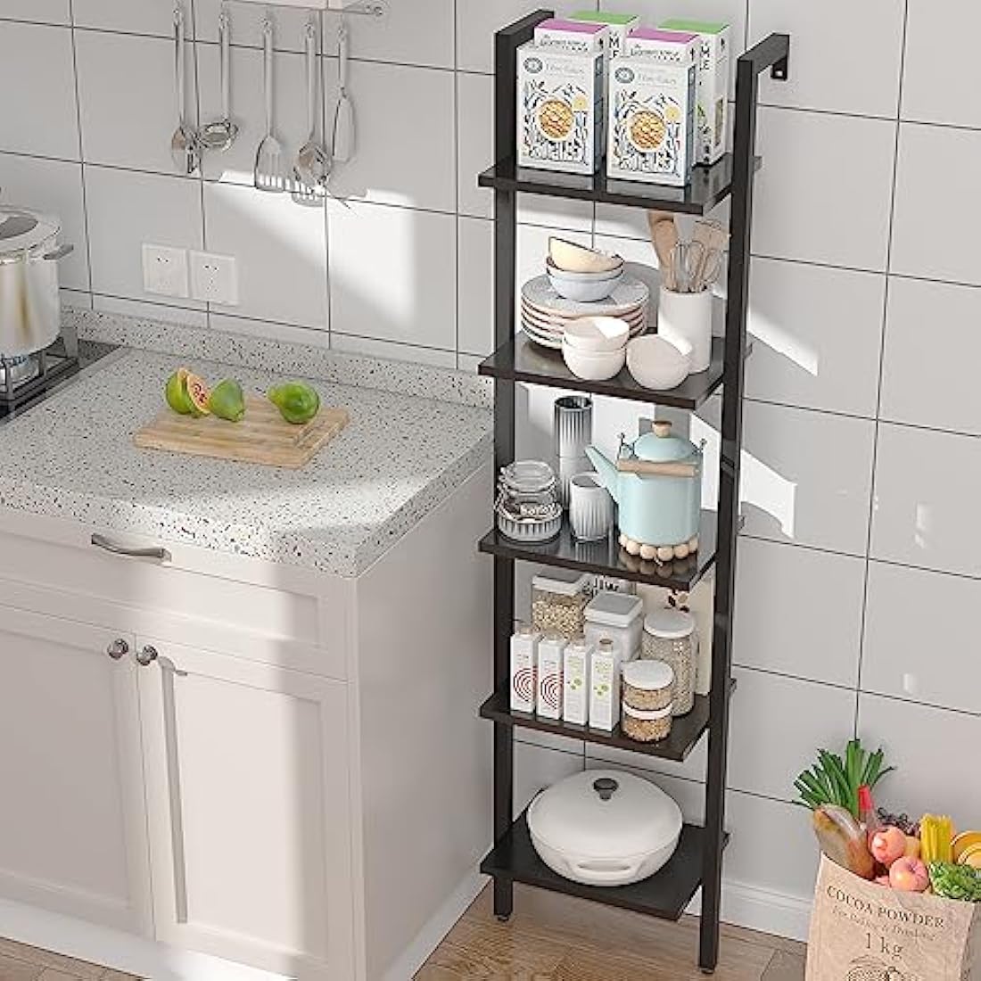YMYNY Bookshelf Wall Mounted, Ladder Shelf, 5-Tier Bookcase Rack, Storage Unit with Metal Frame, Industrial Floating Wall Shelf for Living Room, Kitchen, Office, 40×30×178CM Black HBC015B