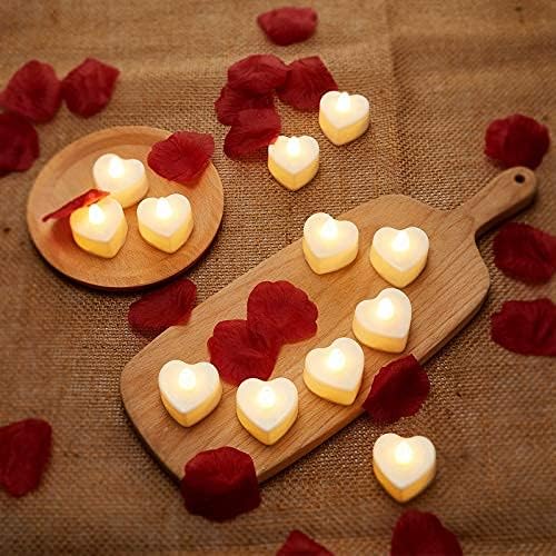 Mudder 12 Pcs Heart Shape LED Tealight Candles Love LED Candles with 200 Pieces Silk Rose Petals Scatter Artificial Petals for Valentine's Day Wedding Table Party Decor(Yellow Light, Dark Red Petal)