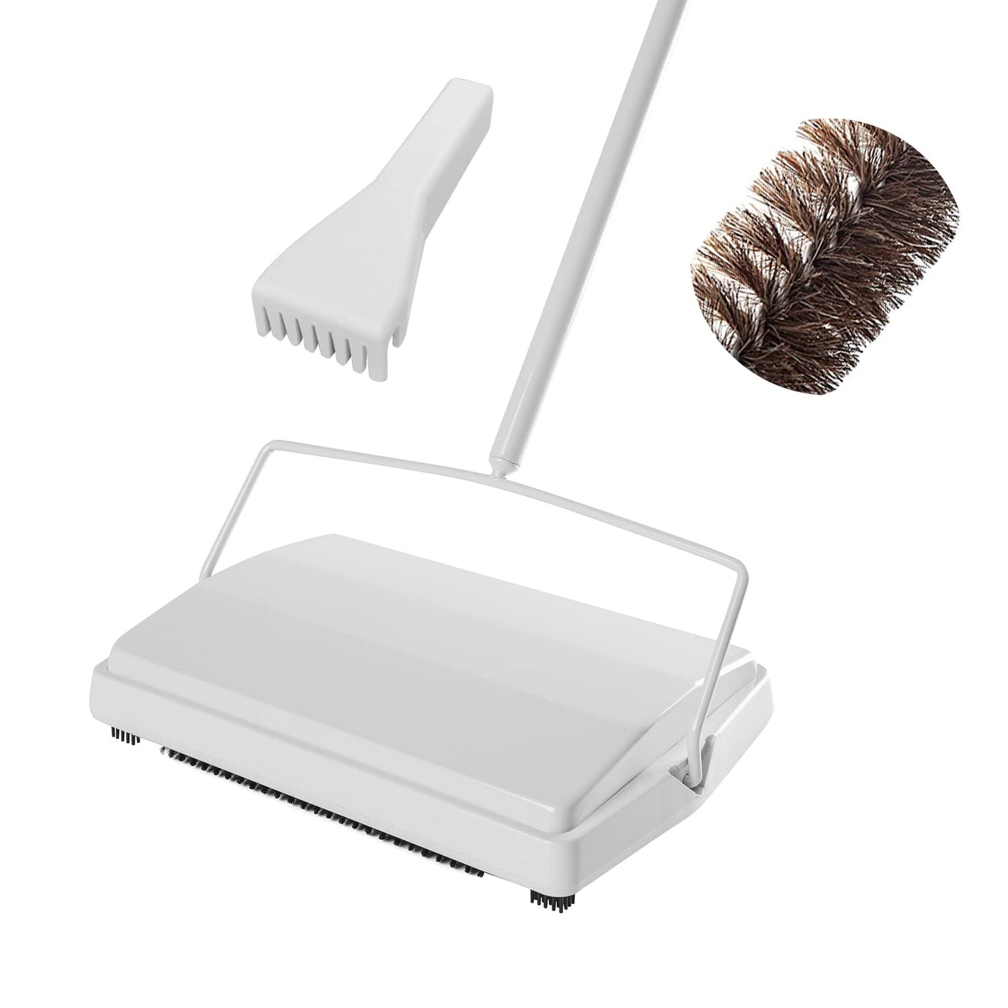 JEHONN Carpet Floor Sweeper Manual with Horsehair, Non Electric Quite Rug Roller Brush Push for Cleaning Pet Hair, Loose Debris, Lint (White)