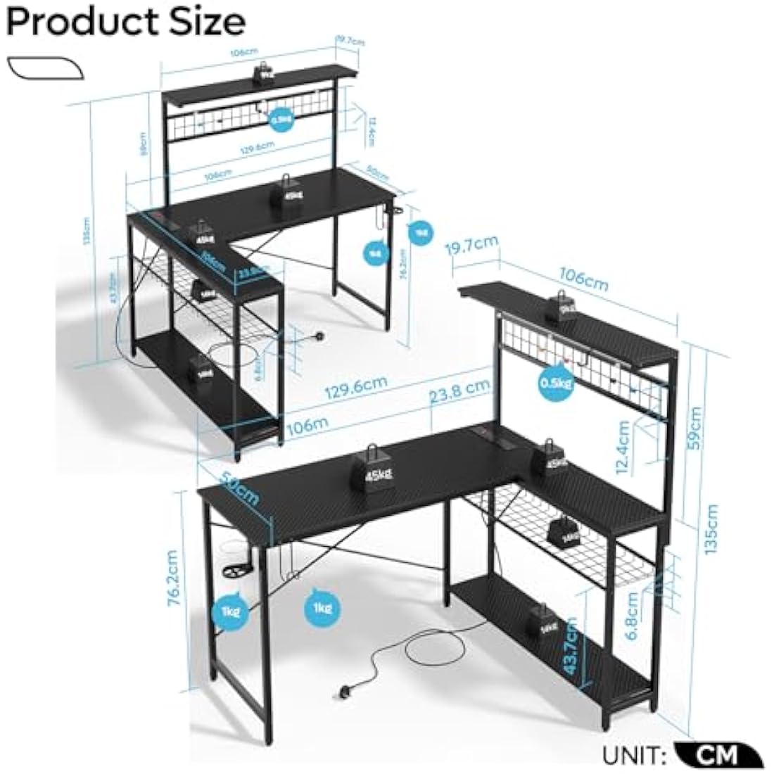 Bestier L-Shaped Gaming Desk with Power Outlets, LED Workstation with 4 Tiers Shelves for Home Office, Gamer Reversible Table with Hooks and Cup (BDCF, 129cm)
