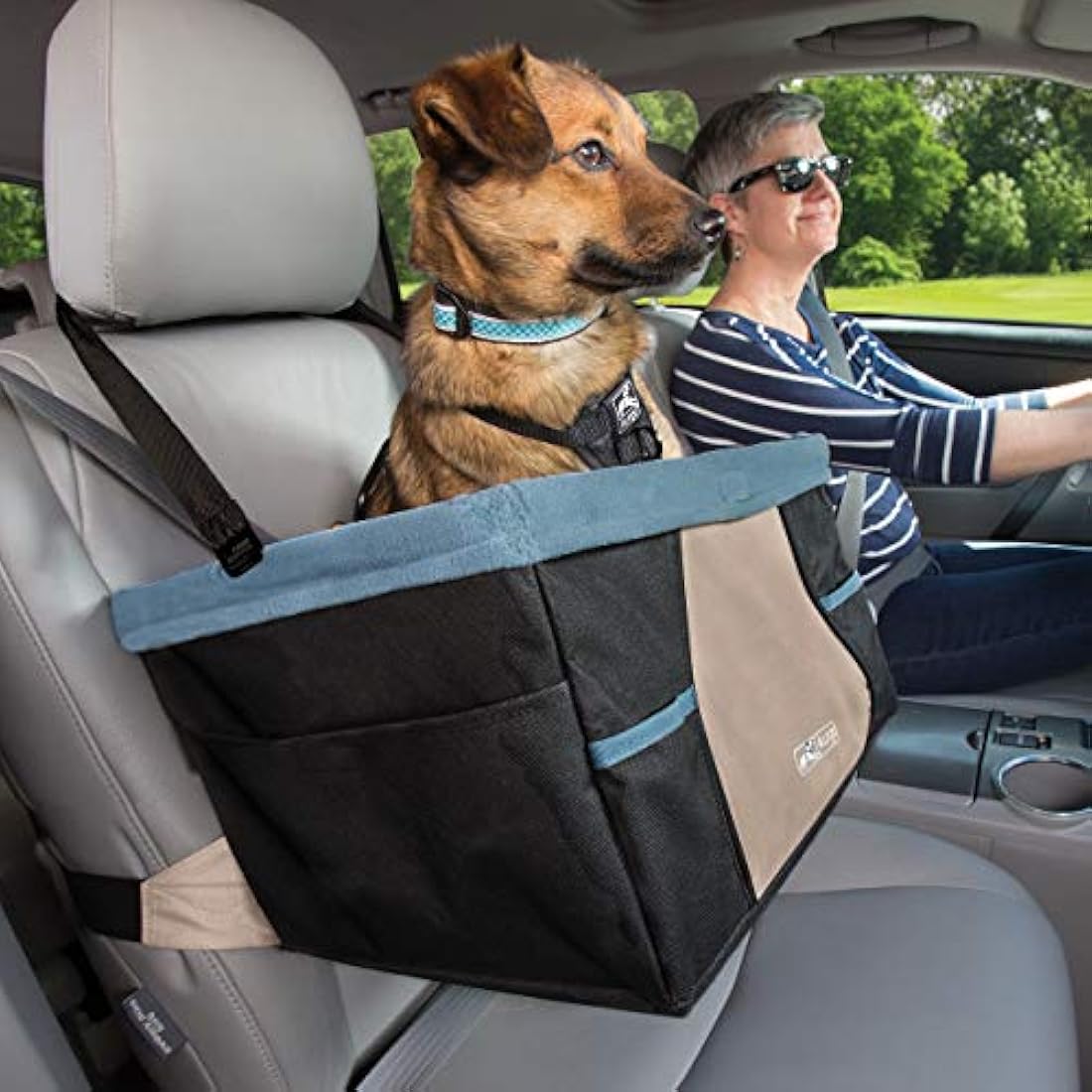 Kurgo Rover Car Booster Seat for Dogs, Quick & Secure Installation, Includes Seat Belt Tether, Fleece Lining, Black/Blue