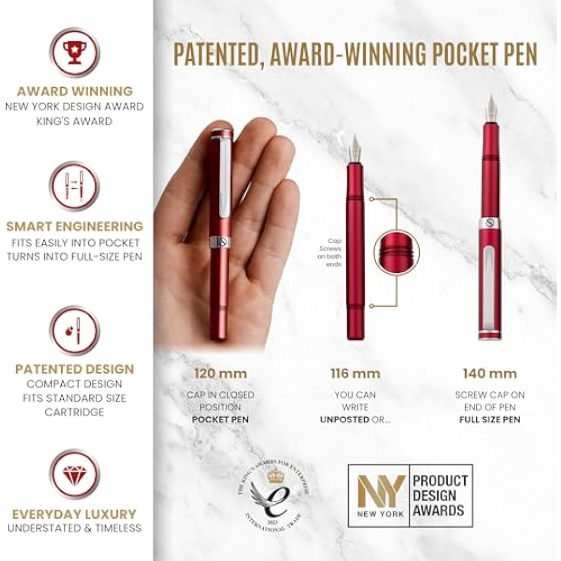 Scriveiner Luxury EDC Fountain Pen (Fine), Stunning Matt Red with Chrome Finish, Schmidt German Nib, Converter, Best Writing Gift Set for Men & Women, Nice Fancy Office Designer Pocket Pen
