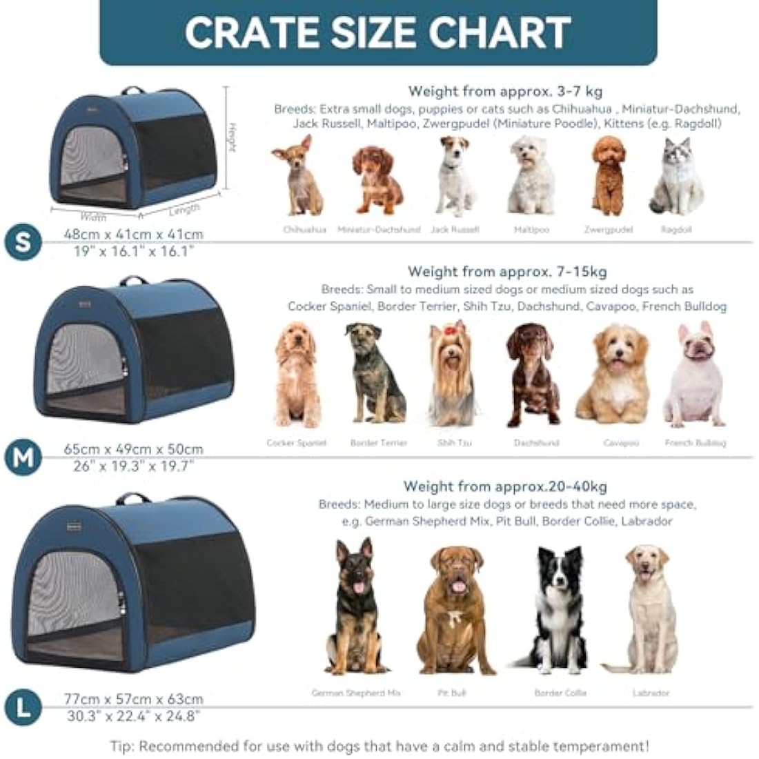 PETSFIT Collapsible Dog Crate, Dog Travel Crate - 26.5 Inch Lightweight, Roomy, Easy to Set Up, Portable Pop Up Dog Carrier with Thick Mat, Sturdy Soft Sided Dog Crate, Navy Blue