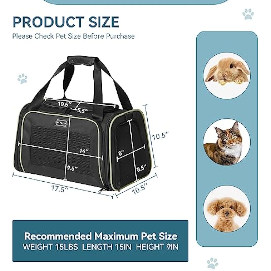 PETSFIT Soft Cat Carrier with Extendable Fleece Pet Mat, Kitty Carrier Airline Approved with Safety Leash for Pets Up to 12 Lbs (44 * 26.5 * 27CM, Black)