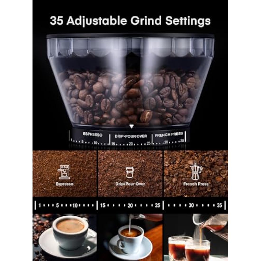 FOHERE Conical Burr Coffee Grinder Electric, Coffee Bean Grinder with 35 Precise Grind Setting, Adjustable Burr Grinders, Anti-static Burr Coffee Grinder for Espresso, Drip Coffee, French Press, Black