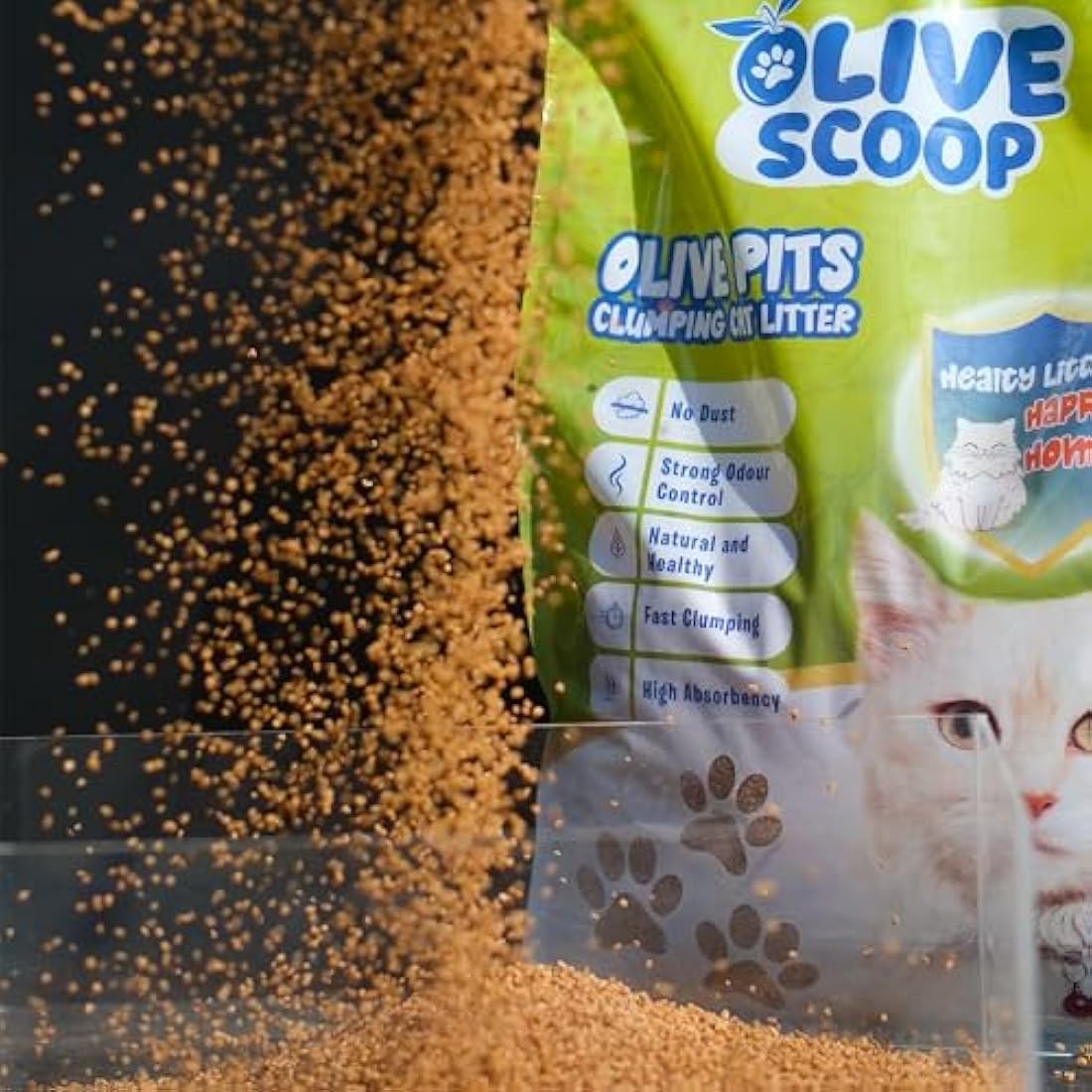 OLIVE SCOOP 100% Natural Dust-Free Clumping Cat Litter – Natural Olive Pits, Unscented, Biodegradable, Low Tracking, Odor Control, Safe for Kittens & Multi-Cat Homes - 24L (8Lx3Pack)