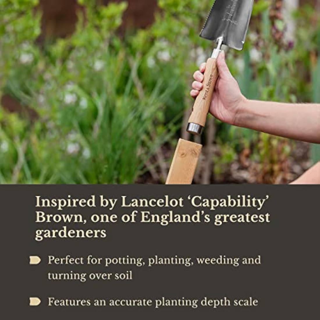 Kent & Stowe Capability Trowel, Compact and Multi-Functional Garden Trowel with Serrated Edge and Hammer, Classic All Year Round Garden Tools Made from Stainless Steel and Ash Wood