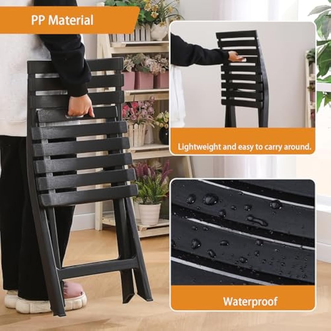 BOOSDEN Folding Plastic Chairs 4 Pack, Foldable Patio Stackable Chairs with Backrest for Outdoor Indoor Camping Picnic Dining Party Wedding Event Black