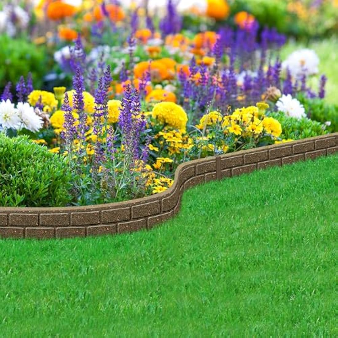 Nicoman Ultra Curve EZ Brick Effect Border Eco-Friendly Garden Edging,Recycled Rubber Tyre for Garden, Path & Patio 9cm High 120cm (4ft) Long, Brown, Pack of 12