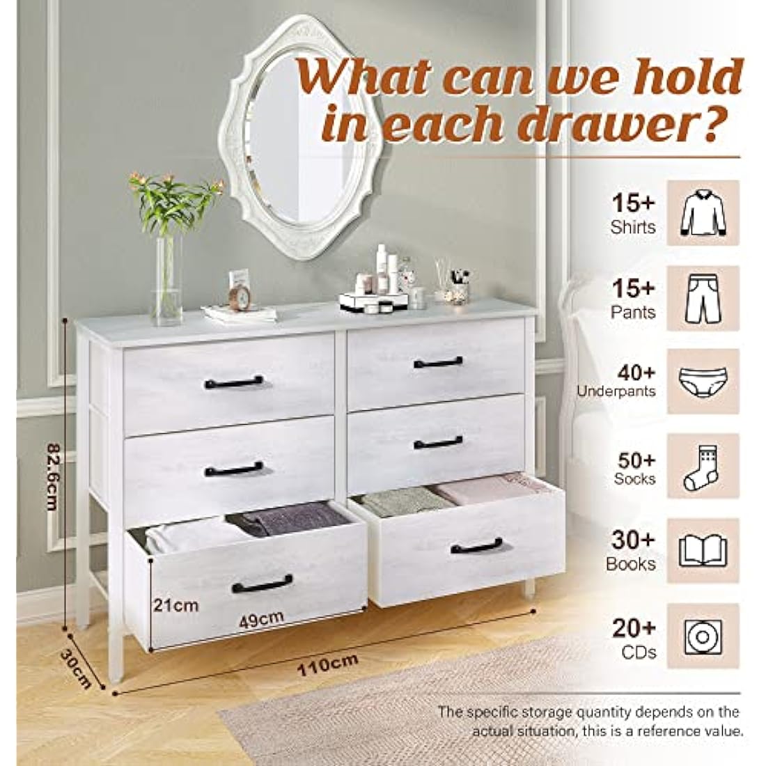 LYNCOHOME Chest of Drawers, TV Unit with 6 Drawers, TV Stand Cabinet with Deep and Large Drawers for Living Room，Bedroom, Sitting Room, White,30D x 110W x 82.5H