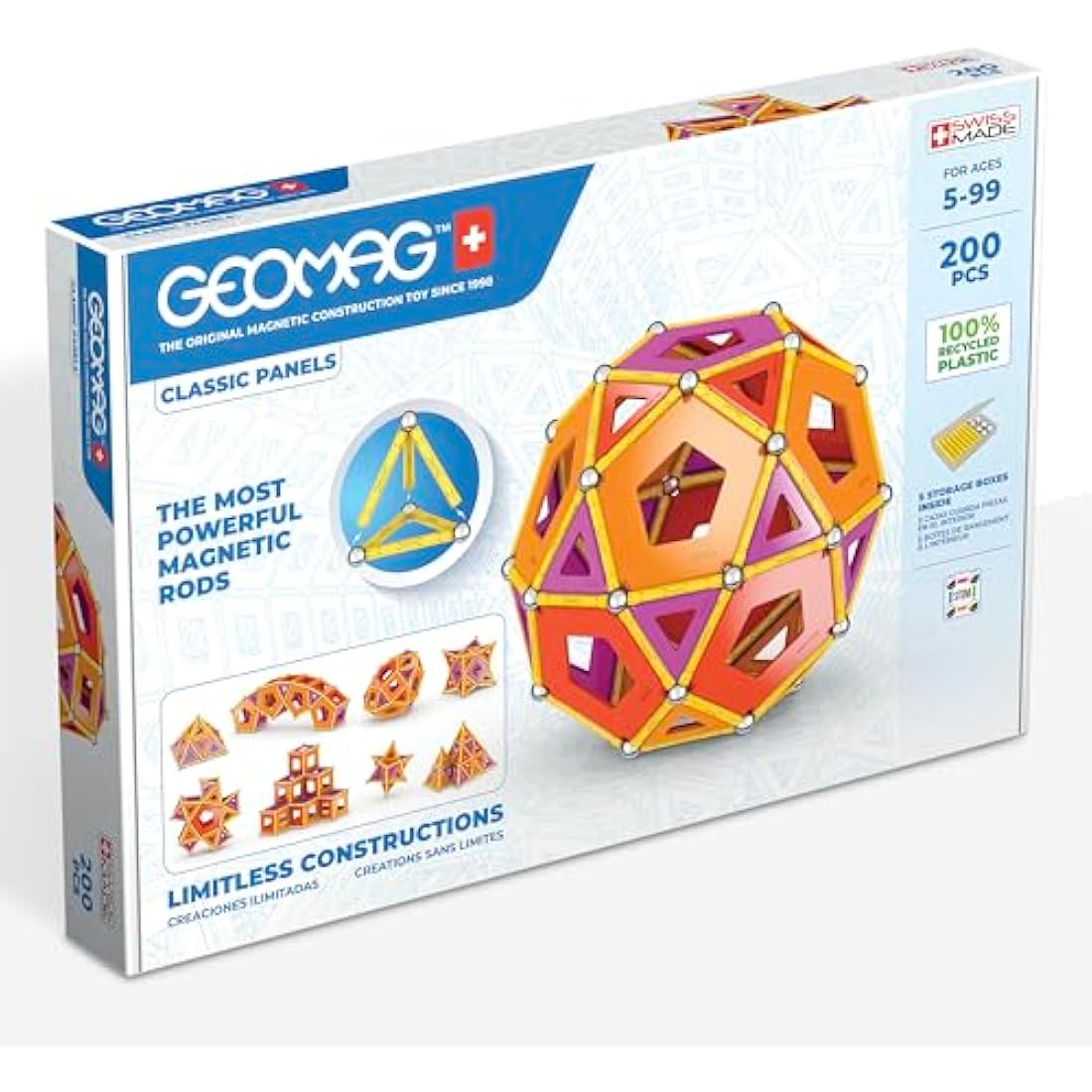 Geomag - Classic Panels 200 Pieces - Magnetic Construction for Children - Green Collection - 100 Percent Recycled Plastic Educational Toys