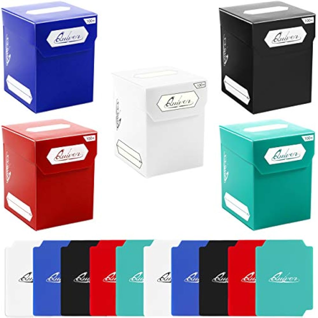 Quiver Time 100+ Standard Trading Card Deck Blocks Fits MTG Deck & Other TCG Cards - Set of 5 Commander Deck Box with 2 Dividers/Card Deck Box (White, Black, Blue, Red & Green)