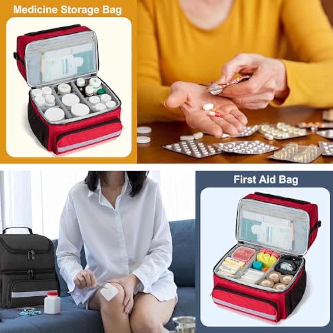 CURMIO Double Layer Medicine Storage Bag Empty, Family First Aid Organiser for Emergency Medical Kits, Portable Medicine Supplies Bag for Home and Travel, Red