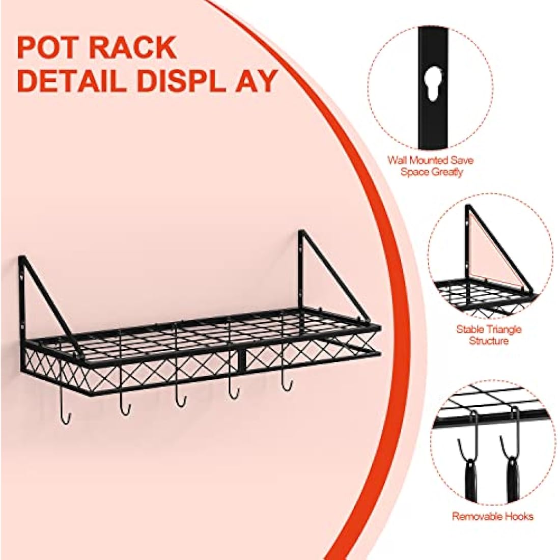 Mutool Wall Mount Pot Pan Racks, 70CM Saucepan Hanging Racks Utensils Hanging Shelf, Pan Rack for kitchen, Metal Cookware Organiser with 10 Hooks, Black