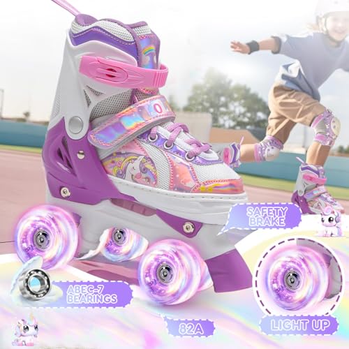 OLYSPM Kids Roller Skates,Roller Boots,4 Sizes Adjustable Quad Skates with 8 Flashing Wheels,Roller Skates for Girls,Boys and Beginner(Purple)