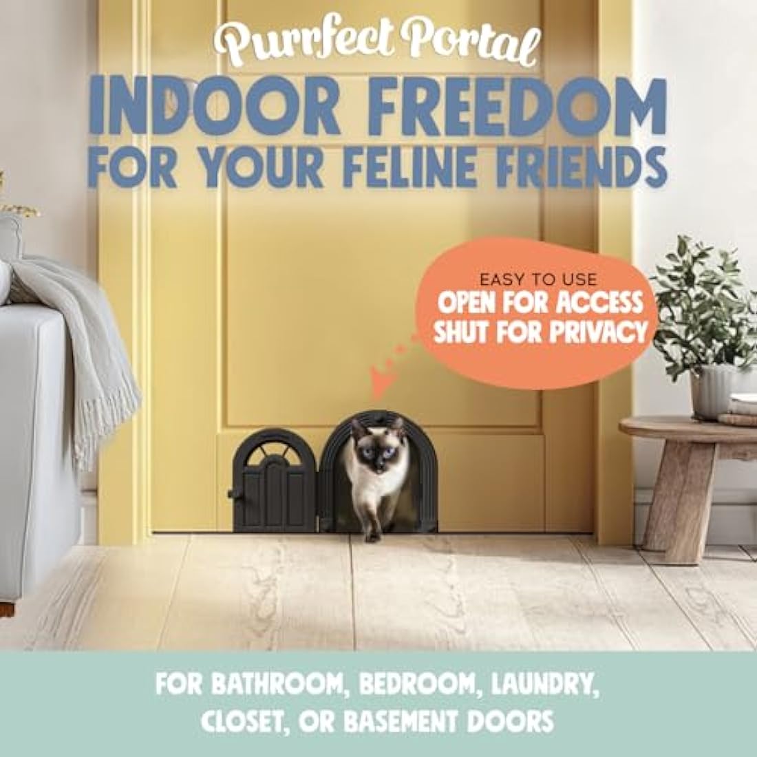 Cat Door for Interior Door - No-Flap Design for Cats Up to 20 lbs, Easy DIY Setup, Secured Installation in Minutes, No Training Needed
