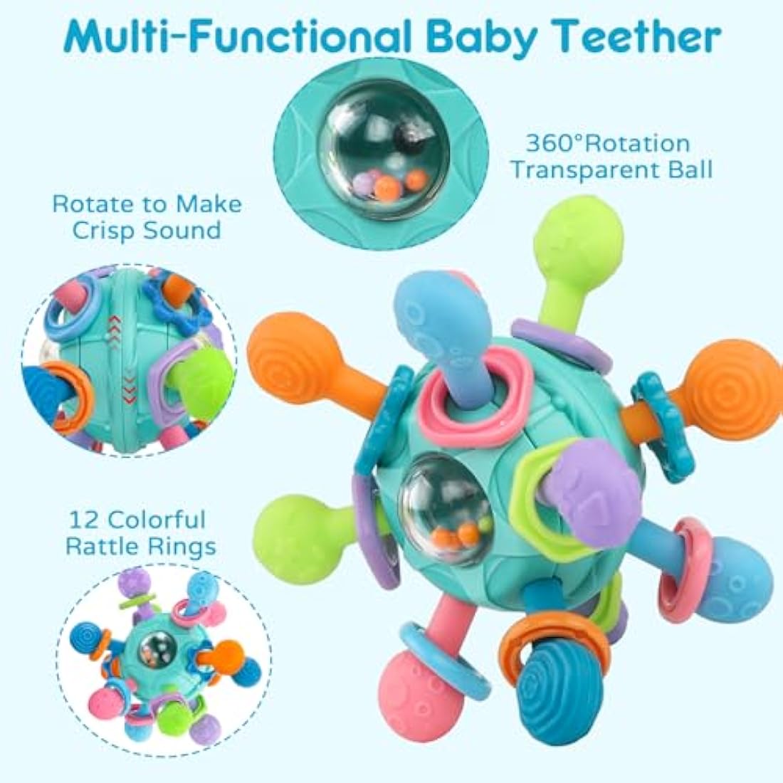 Baby Toys 0-6 Months Sensory Montessori Toys for Babies 6-12 Months Baby Rattle Teether Toy Shaker Grab Spin Newborn Toy Gift for 8 9 Month Babies Toddler Boys Girls Christmas(Blue)