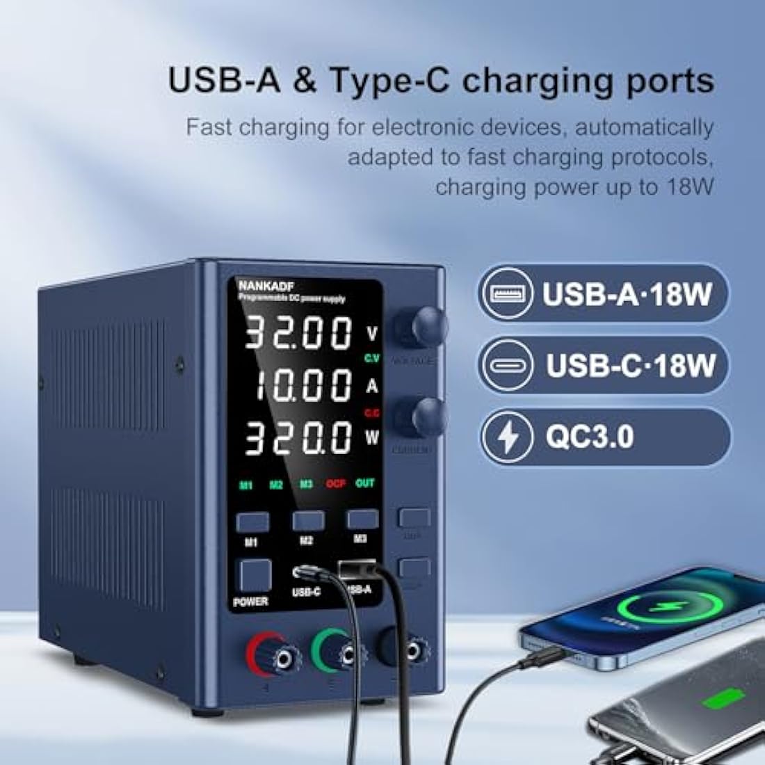 DC Power Supply 0-32V 0-10A, Lab DC Power Supply Variable with Memory Storage, Bench Power Supply with Encoder Adjustment & USB-A/Type-C Fast Charging Interface
