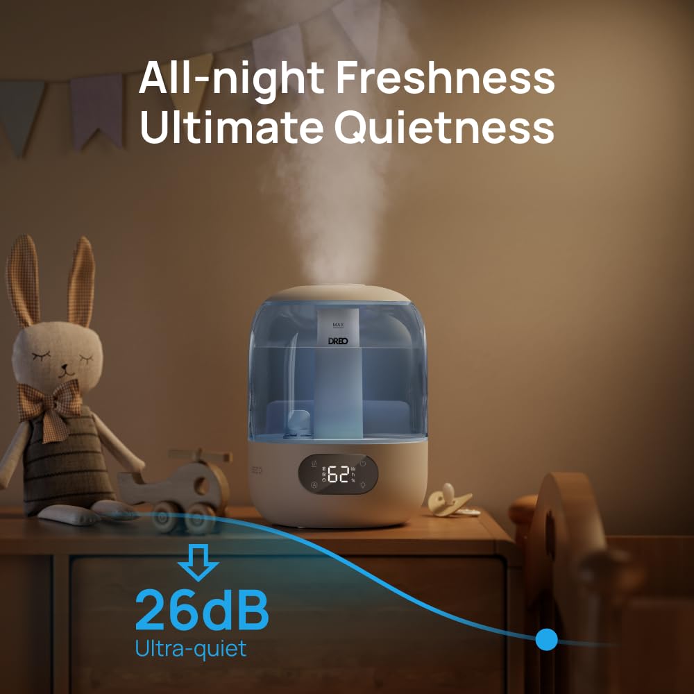 Dreo Humidifier for Bedroom with Sensor, 26dB Quiet Cool Mist Ultrasonic Humidifiers for Home, 360 Nozzle, 30H Runtime, Ambient Light Indicator,