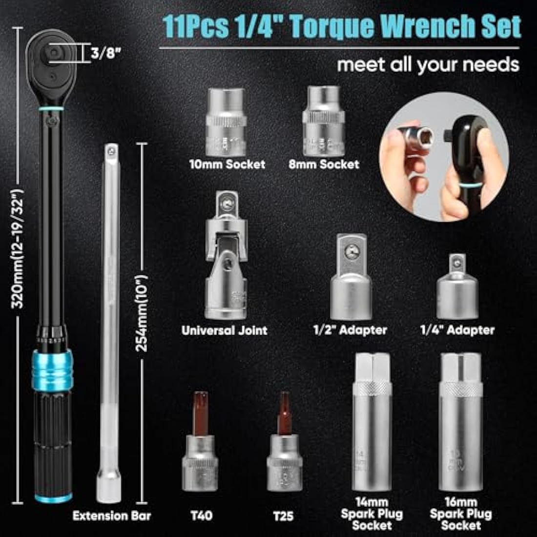 Shall 11-Piece 3/8" Torque Wrench Set, (5-60Nm) Dual Direction Adjustable 72 Tooth for Suitable for car and Motorcycle Maintenance,with Extension Pole and Storage Box