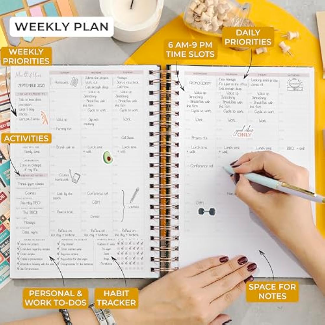 PLANBERRY Large Hourly Schedule Planner Premium – Undated Organizer for Productivity, Time Management & Budget, 20x27cm (Green Pastures)