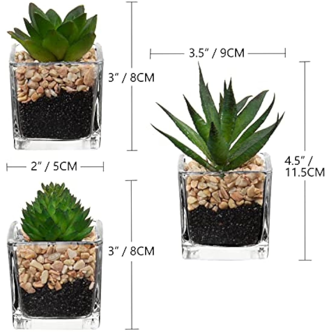 Briful Artificial Succulents Fake Succulent Plants Potted in Mini Square Clear Glass Pots Set of 3 Faux Succulents Small Artificial Succulent Plants Great for Office Home Decor