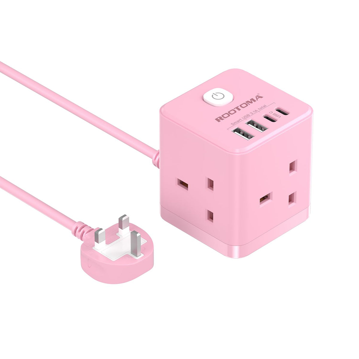 Cube Extension Lead with USB C Slots, 3 Way Power Extension with 4 USB (5V/3.1A 15.5W), Small Pink Tower Extension Lead for Home, Office, Dorm Room,