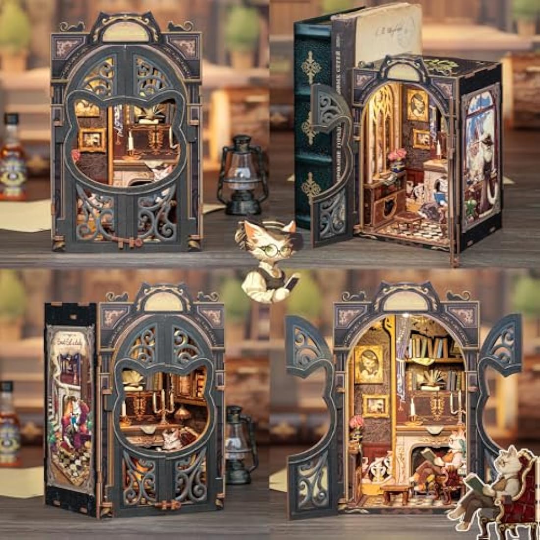 CUTEBEE Book Nook Kit-DIY Miniature House Kit for Adults,Dollhouse Bookshelf Decor 3D Wooden Puzzle Bookend Craft Model Kits for Adults to Build Gift(Count Cat's Study)