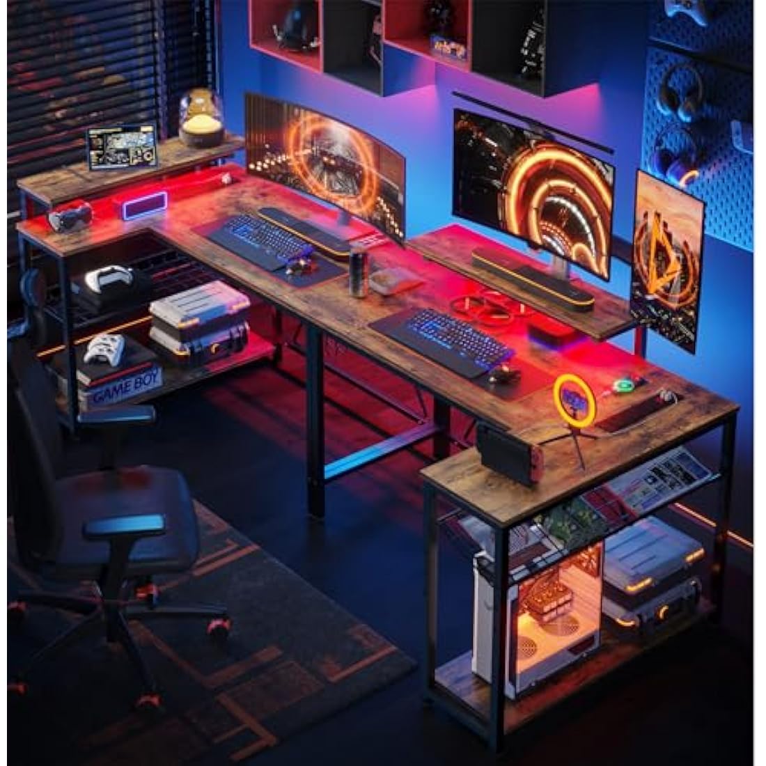 Bestier 106.5CM L-Shaped Desk with 3 Power Outlets, 2 USB Ports & LED Strip Lights, Reversible Corner Workstation with Shelves & Hooks for Office & Gaming