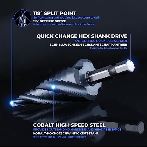 toolant Four Spiral Flute Cobalt Step Drill Bit(Pro Max), 4-22mm Impact Ready Four Spiral Flutes Unibit Step Bit, 1/4" Hex Shank Unibit for Metal, Stainless Steel, Aluminum, Wood, Plastic