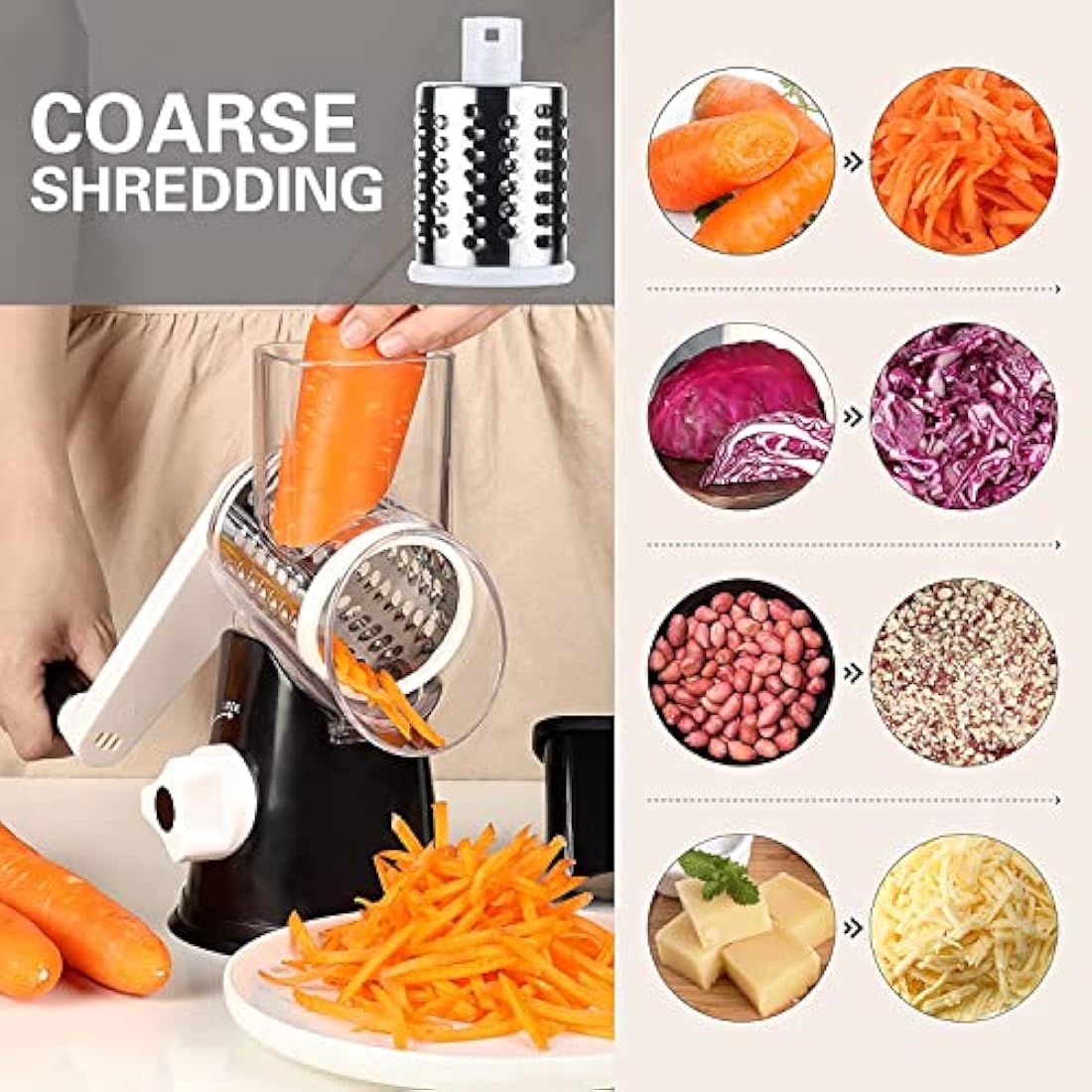 Ourokhome Rotary Cheese Grater Vegetable Slicer - Rotary Round Drum Grater Chopper with 3 Stainless Steel Drums Strong Suction Base (Black)