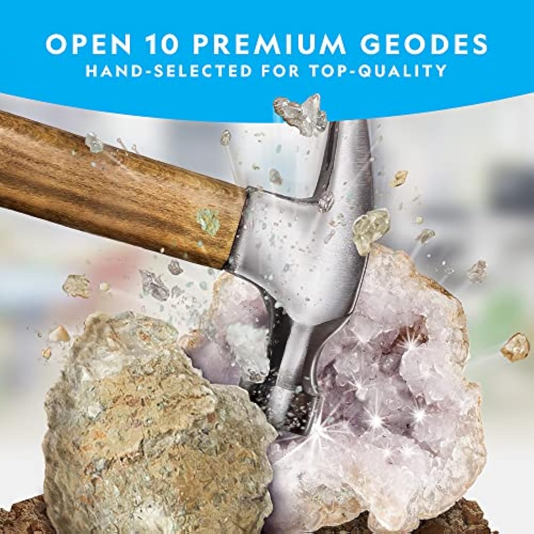 NATIONAL GEOGRAPHIC Break Open 10 Premium Geodes – Includes Goggles and Display Stands - Great STEM Science Kit, Geology Gift for Kids, Geode Crystals, Toys for Boys and Girls