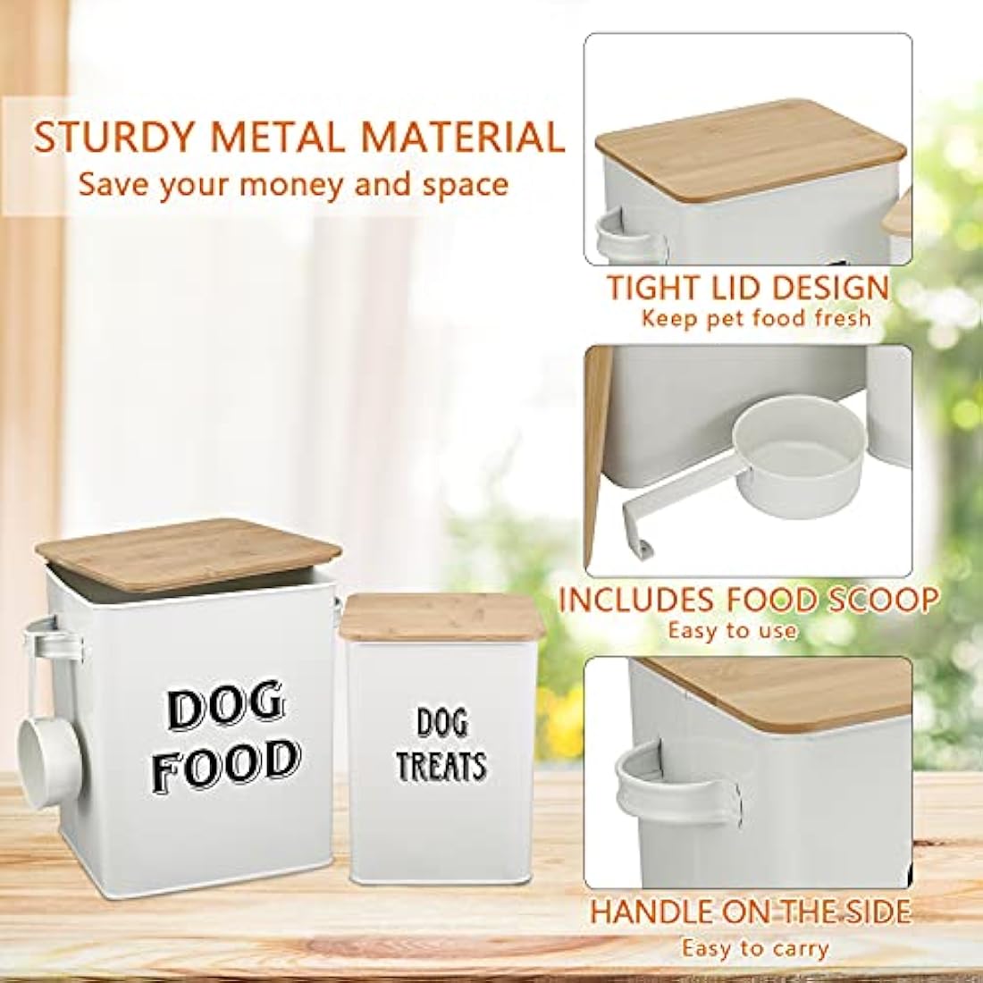 Pet Food and Treats Containers Set with Scoop for Cats or Dogs - Beige Powder-Coated Carbon Steel - Tight Fitting Wood Lids - Storage Canister Tins - Dog Food