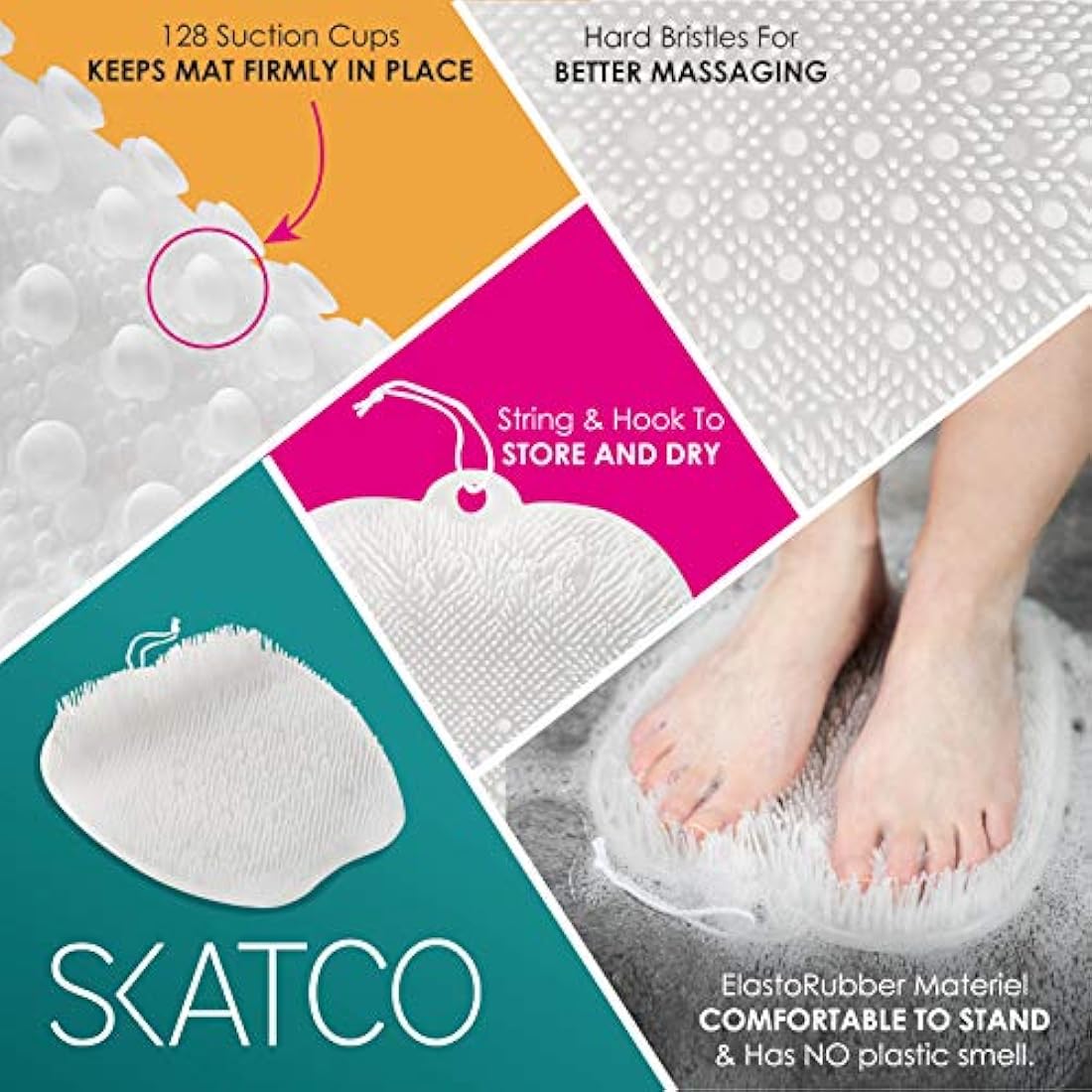 SKATCO Foot Scrubber for Shower and Body Brush Set. Comfortable to Stand Shower Feet Scrubber No Plastic Smell - Wet and Dry Brush Body Massager. Skin Care and Foot Care Shower Accessories - Clear