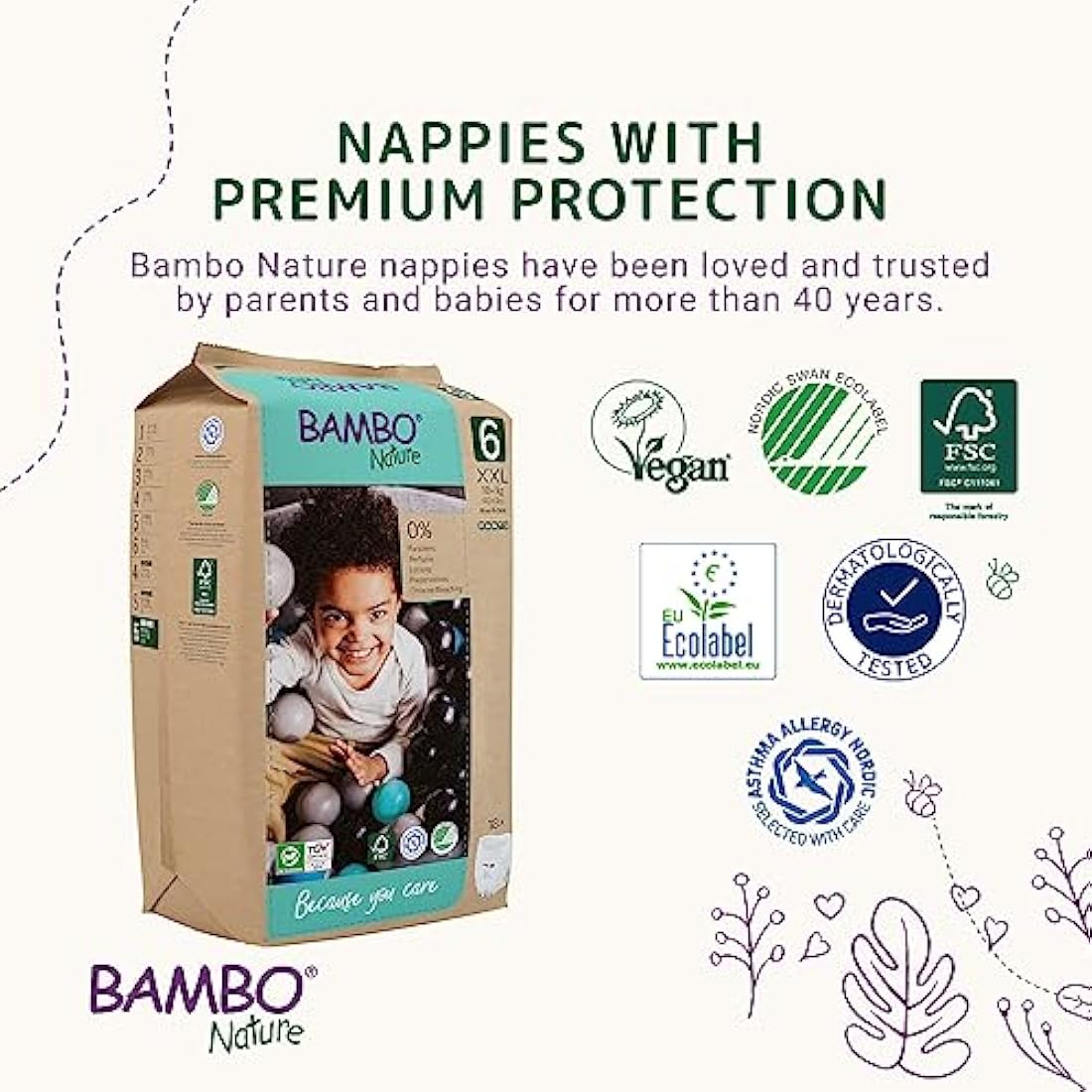 Bambo Nature Premium Eco Nappies, Size 6 (35+ lb/16+ kg), XXL, 20PK, Eco-Labelled Sustainable Nappies, Enhanced Leakage Protection, Secure and Comfortable Baby Nappy