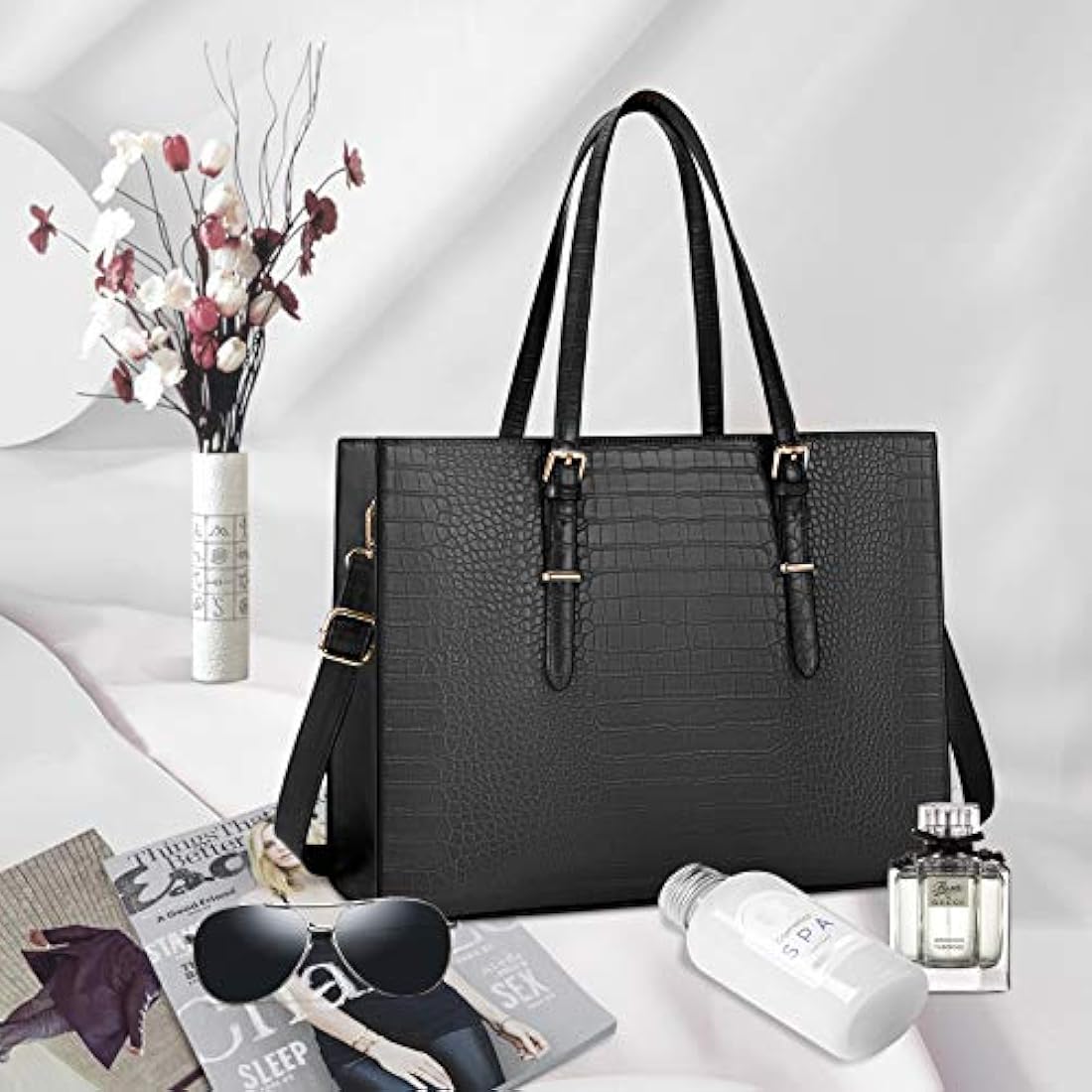 Lubardy Laptop Bags for Women Tote Bag 15.6 Inch Leather Large Ladies Handbag Work Bag Designer Business Shoulder Shopping Office Bag Black