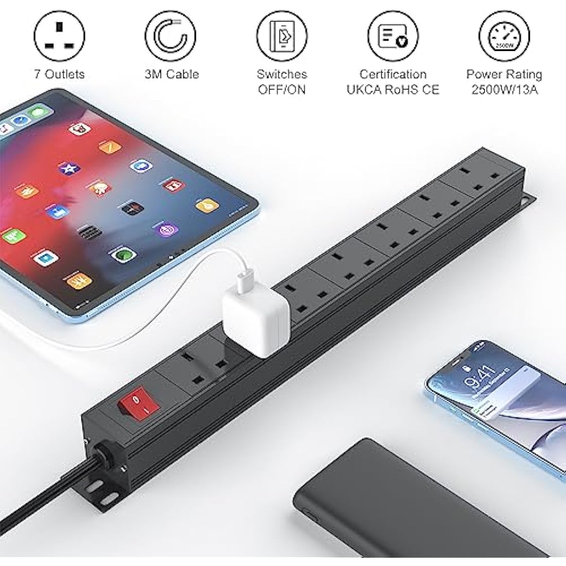 Surge Protected Extension Lead 3M, HANNELORE 7 Way Power Strip with Switch, Power Distribution Unit PDU Rack Mount Power Strip, 13Amp Multi Plug Extension Sockets for Home, Office and Industrial Use