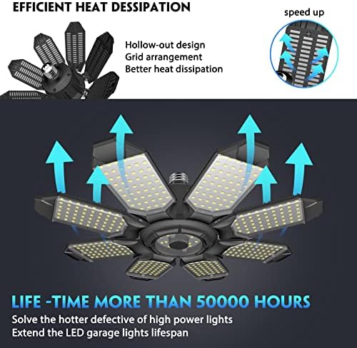 DEEIRAO LED Garage Ceiling Light, 260W 26000LM 6500K Deformable with 8+1 Adjustable Panels Commercia Bay Lamp for E26/E27 Screw Socket,Basement,Barn,Workshop,Attic (2 Packs)