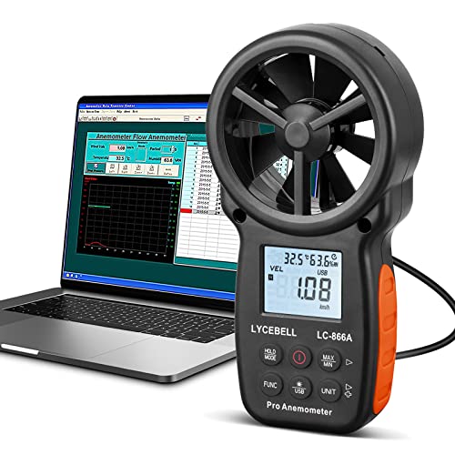 LYCEBELL Handheld HVAC Anemometer LC-866A, Pro Digital Wind Speed Meter for Wind Velocity CFM Measuring, Air Flow Meter, USB Connect to PC, Balance