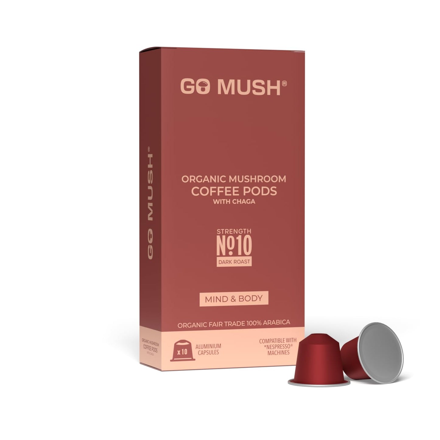 Go Mush Organic Chaga Mushroom Coffee Pods ? 10 Pods | Dual Extract Chaga Mushroom | Premium Dark Roast Arabica Coffee | Compatible with Nespresso