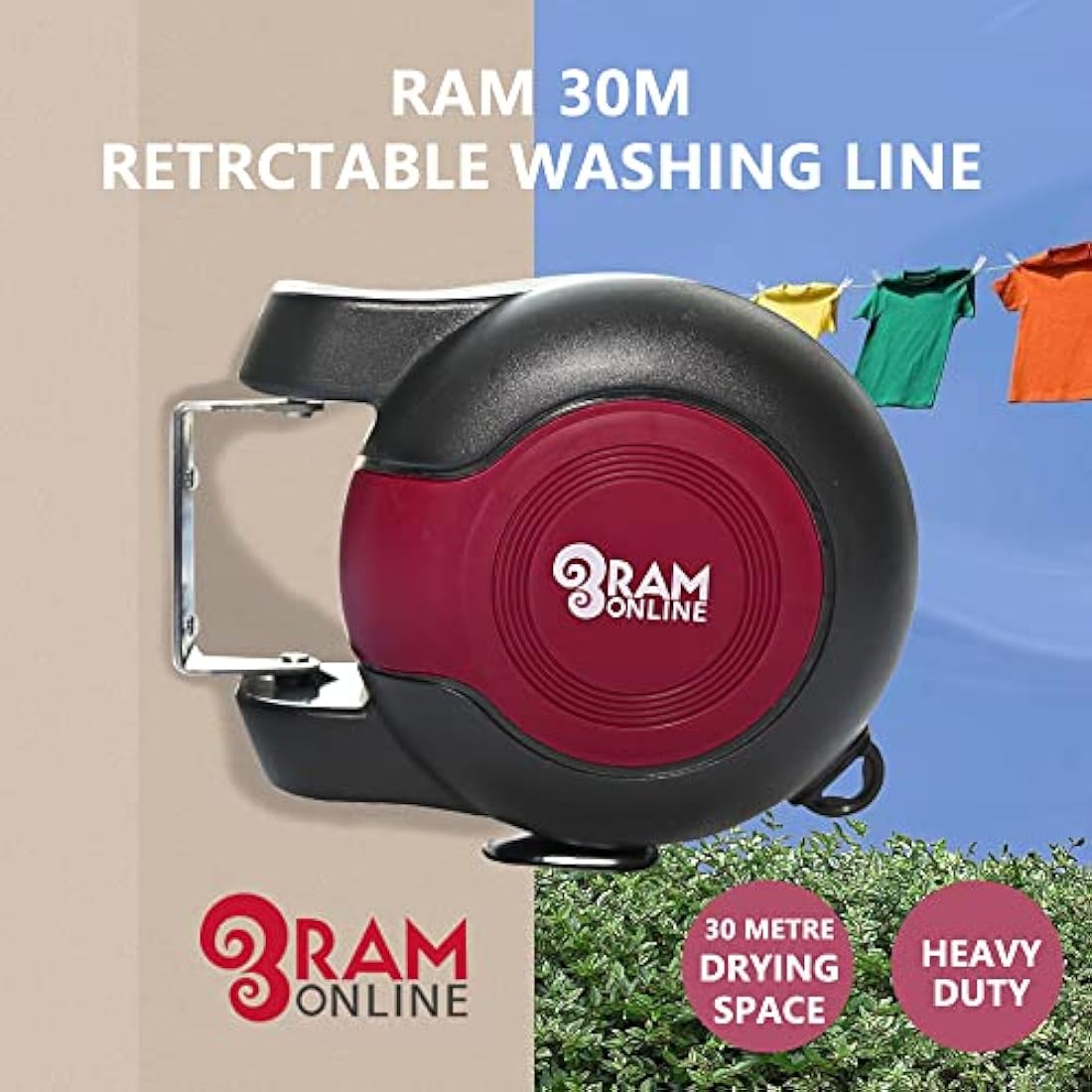 Ram® 30 metre Retractable Reel Clothes Lines Washing Line with Twin Cable - Wall Mounted Heavy Duty Clothes Dryer 2 x 15m Lines of Drying Space, Burgundy