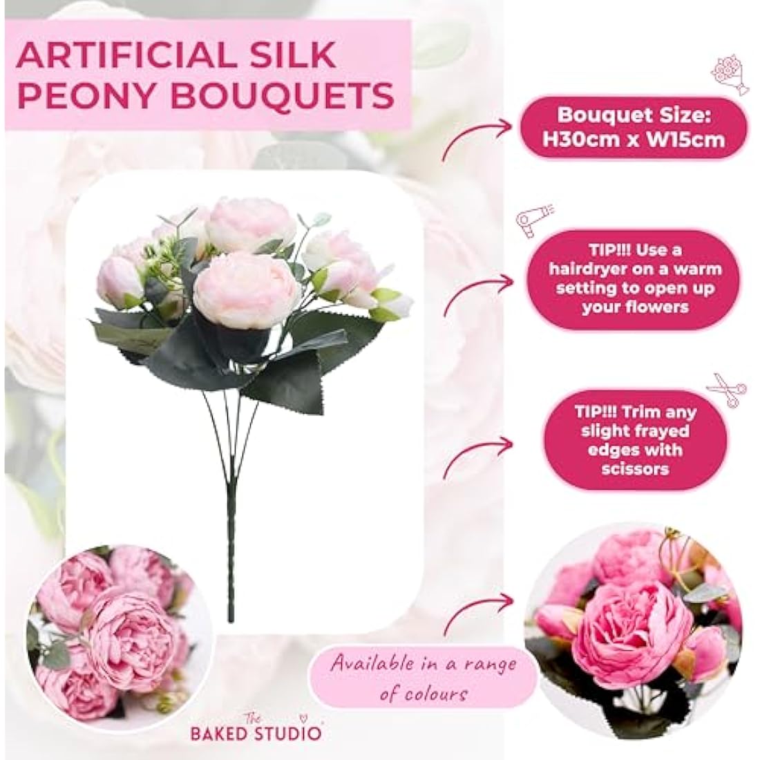 The Baked Studio - Silk Peony and Tea Rose Artificial Bouquet 9 Heads Realistic Fake Plant for DIY Craft Cake Living Room Home Wedding Decoration (PINK)